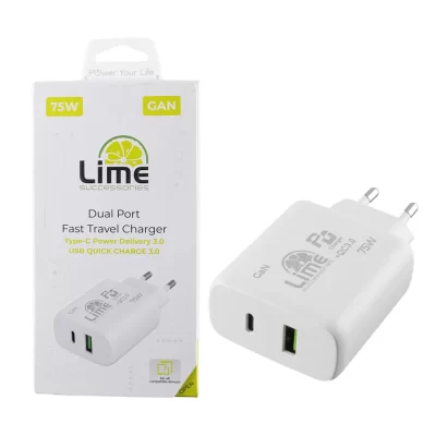 LIME TYPE C GAN PD 3.0 DUAL SUPER FAST TRAVEL LTC75W 75W 4.0A PD 54W + USB QC 3.0 21W WHITE
