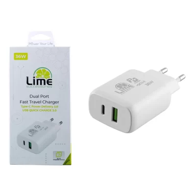 LIME TYPE C PD 3.0 DUAL SUPER FAST TRAVEL LTC36W 36W 4.0A - USB QC 3.0 21W max 36W WHITE